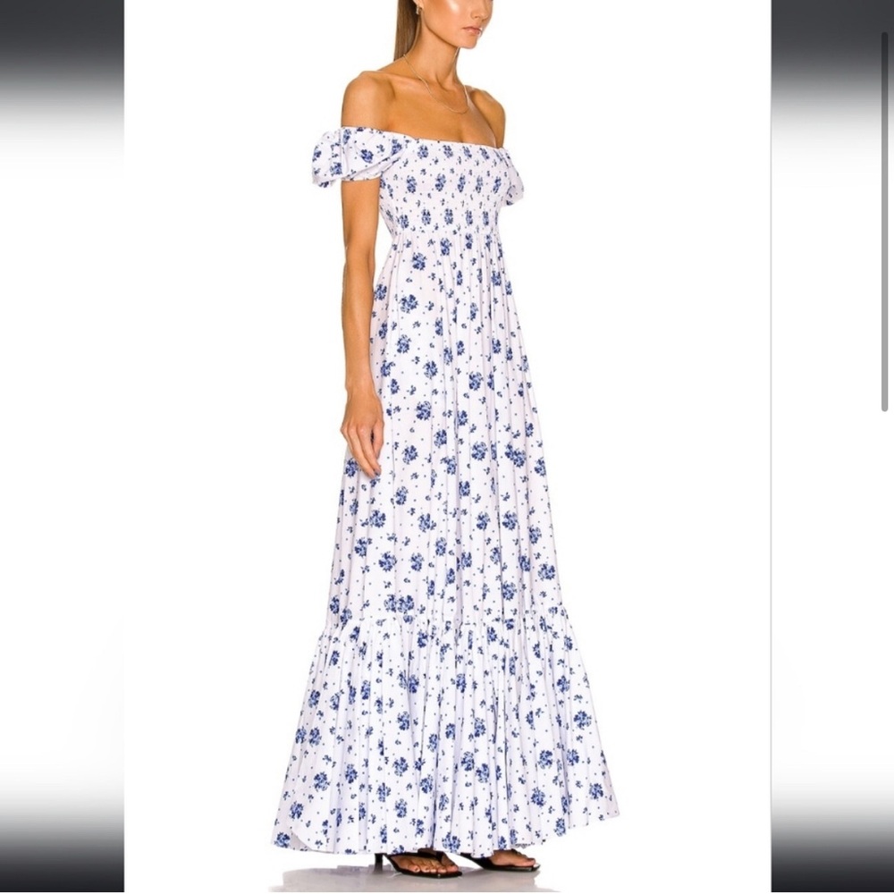 NWT Caroline Constas Gianna Smocked Puff Sleeve Maxi Blue Spot Floral | Sz Med